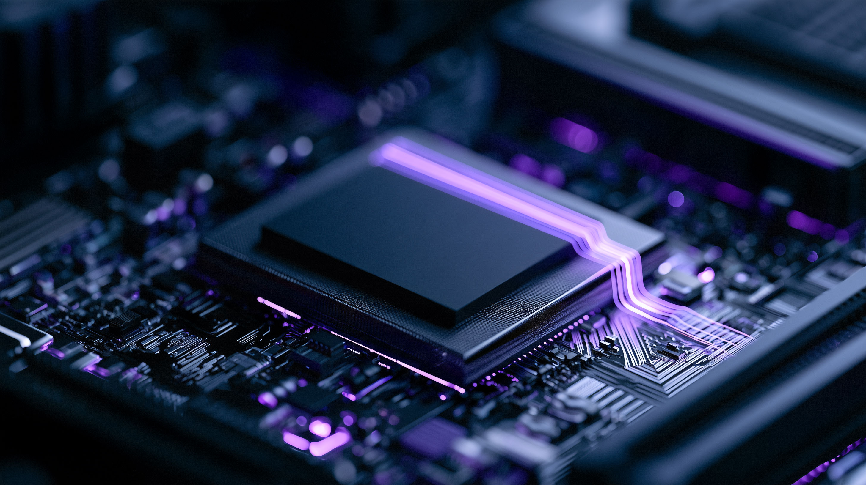 Close-up of a processor and motherboard with purple illuminated traces